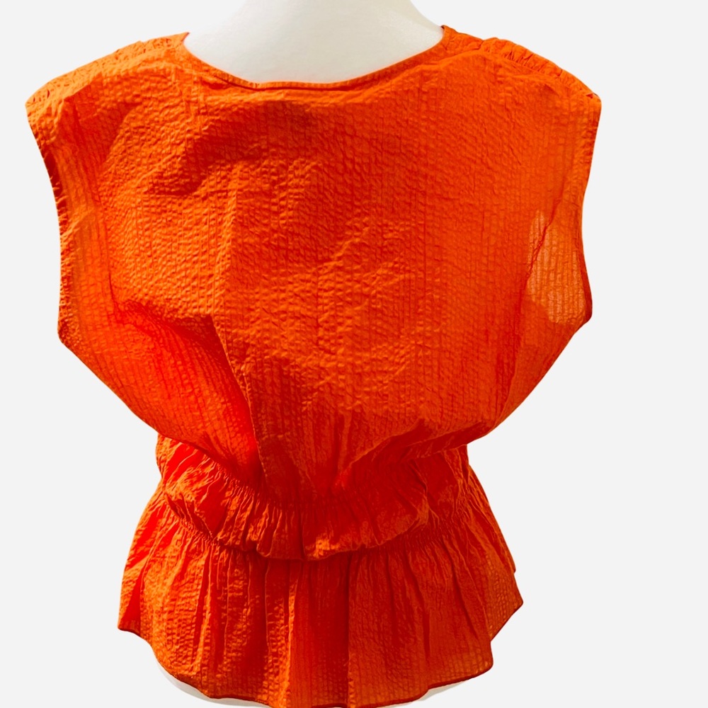 Frame EUC Ruched V Neck Sleeveless Top Blouse Orange Button Front Peplum M - Picture 6 of 12